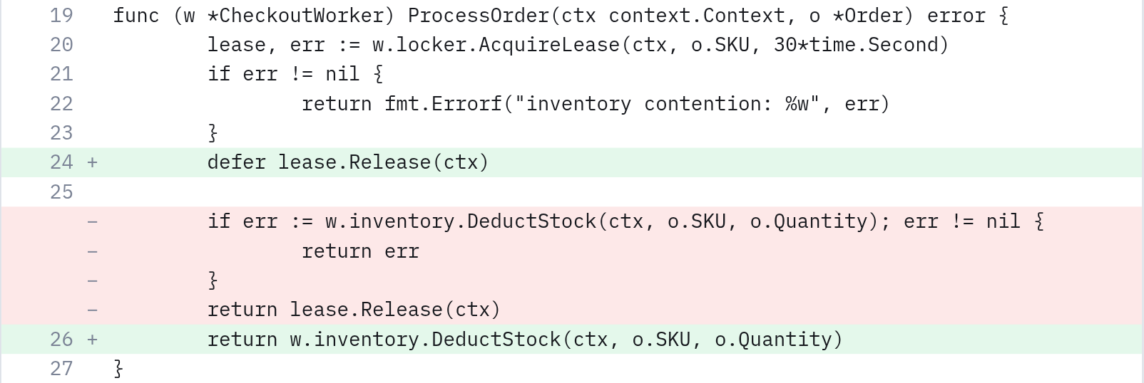 The AI's change to worker.go: defer lease.Release(ctx), still using the request context